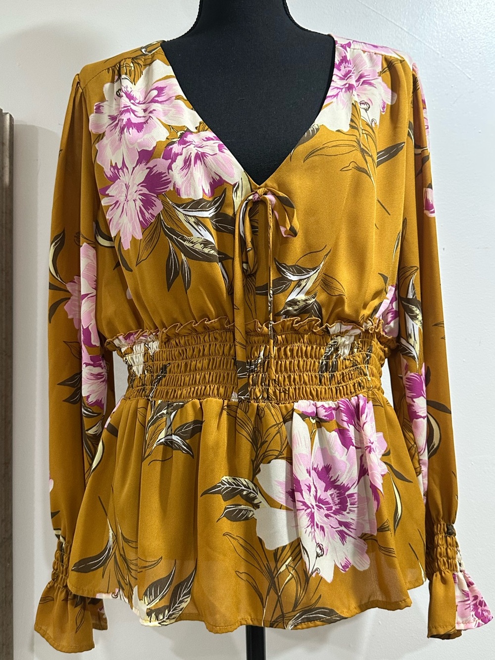 june & hudson Mustard Floral Wrap Blouse with Pink Flowers